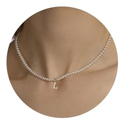 TINGN Halskette Damen PerlenKette Damen, Perlen Kette mit Buchstaben für Mädchen Frauen | Perlenkette Damen | Buchstaben Kette | Intiale L Kette Damen | PerlenKette für Teenager Mädchen Geschenke