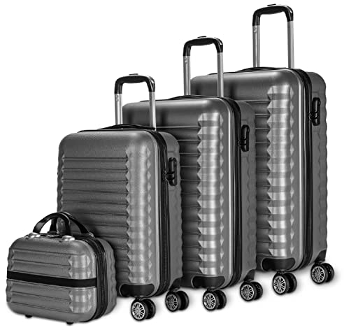 NUMADA - Gepäck-Set und Kulturbeutel 4 Stück Grau, groß 75cm, mittel 63cm, klein 53cm, ABS, starr, widerstandsfähig, 4 Doppelräder, leicht, seitliches Kombinationsschloss