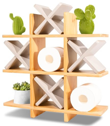 Tic Tac Toe Toilettenpapierhalter Ständer mit 4 Stück Beige Taupe Farbe Bambus Holz X Toilettenpapieraufbewahrung Badezimmer Hängeaufbewahrung Wandmontage Regale Wanddekoration für Toilettenpapier