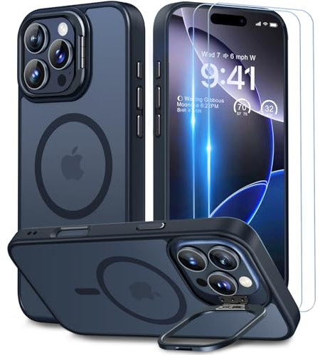 Beeasy Cover Magnetica per iPhone 16 Pro con Cavalletto,Custodia con 2 Pezzi Pellicola Vetro Temperato,Compatibile con Magsafe Militare Antiurto Sottile Protettiva Case,Traslucida Opaca Nero