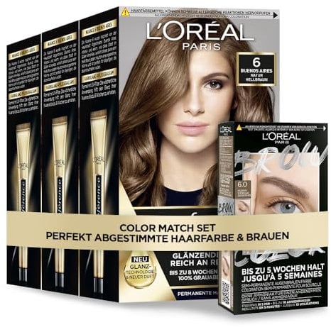 L'Oréal Paris Colorations-Routine: Préférence Haarfärbeset in Natur Hellbraun 6 + Brow Color Augenbrauenfarbe in Hellbraun 6.0 - Für einen strahlend gepflegten Look, [Amazon Exclusive], 4-teilig