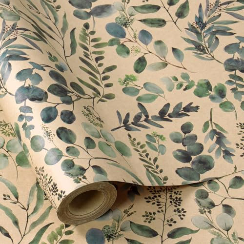 RUSPEPA Rouleau de papier cadeau Kraft - Mini rouleau - Motif feuilles vertes Idéal pour anniversaire, fête, baby shower - 43,2 cm x 10 m