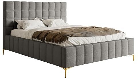 Selsey Bett Polsterbett Doppelbett 180 x 200 cm Mit Bettkasten Metallrahmen Goldene Beine Gasdruckfeder Schlafbett Chenille Grau Szejlo