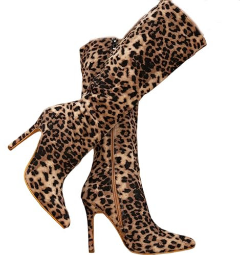Stivali Alti Fino al Ginocchio leopardati da Donna, Stivali Sexy con Tacco a Spillo in Pelle Scamosciata con Punta affilata, Stivali Alti alla Moda con Cerniera Laterale,Leopardo,37 EU