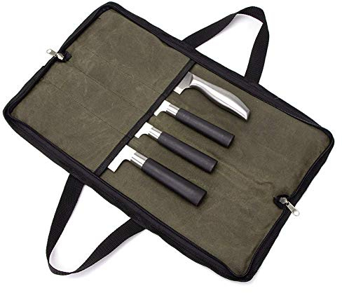 QEES Borsa Porta coltelli da Chef con 2 Manici, 4 Fessure e 4 Fessure, Resistente, con Doppia Cerniera, Borsa Porta coltelli, Borsa per Utensili da Cucina, Colore: Militare, 18 x 11