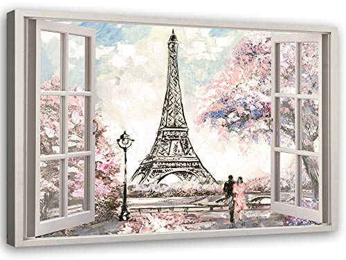 Feeby Leinwand Bilder - Bild Wohnzimmer - Fensterblick Eiffelturm Paris Rosa - 60x40 cm 1tlg - Deko Schlafzimmer Groß - Dekoration Canvas - Gemälde - Modern Wandbilder - Kunstdruck