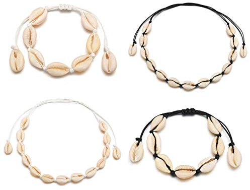 Voarge 4 Stücke Muschelkette und Muschelarmband Kauri Muschel Choker Schmuck Set Halskette Fußkettchen Conch Natürliches Handgemachte, mit Verstellbaren Seil Zubehör