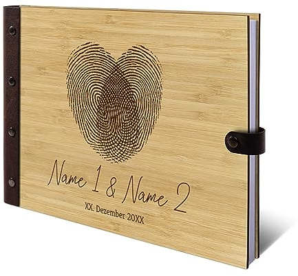 Personalisiertes Hochzeit Gästebuch echtes Holz DIN A4 Hochzeitsbuch mit Lasergravur - Fingerabdrücke - mit 72 Blatt / 144 Seiten Naturpapier Weiß