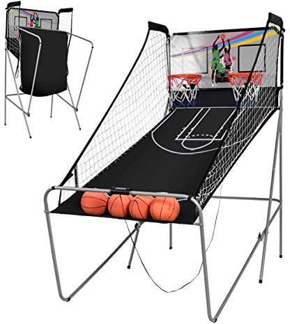 GOPLUS Panier Basket Enfant Pliable d’Arcade, 202 x 110 x 205 CM, Jeu Basketball Arcade Extérieur 2 Paniers et 4 Ballons, 8 Modes de Jeux, Capteur Électrique, LED Score, 4 Boutons de Fonctionnement
