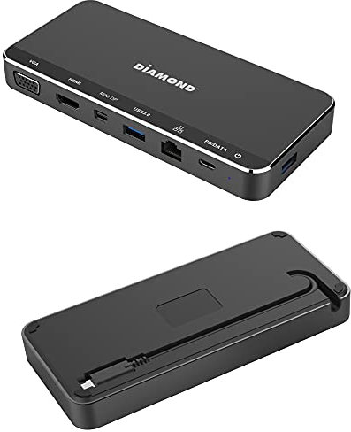 Diamond USB-C 4K Triple Display Multi-Stream Dock di Trasporto, Mini DP, HDMI, VGA, USB 3.0x2, Gigabit Ethernet. Compatibile con Mac, Windows, laptop con porte USB-C