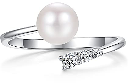 LUCKMORA Perlenringe in Schmuck 925 Sterling Silber für Damen Frauen Mädchen Weißen Runde Süßwasserperle Zirkonia Vergoldet Offene Ringe Echt Perlen Verstellbare (3D)
