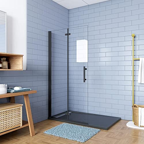 Aica Sanitaer Ducha de acceso libre, 2 hojas plegables, cristal templado 5 mm, Easyclean, negro mate, industrial, 96x190cm