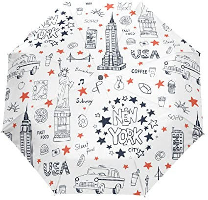 BEUSS Usa Weißes Auto New York Regenschirm Auf-Zu Automatik Taschenschirm Winddichter Umbrella Klein Leicht Schirm Kompakt Schirme für Jungen Mädchen Reise Strand Frauen
