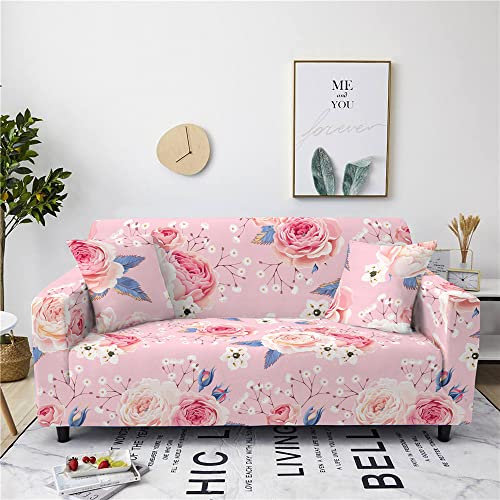 FANSU Sofabezug Stretch Weich Antirutsch 3D Rosa Florale Rose Druck Sofa Überwürfe Couchbezug Sofabezug Sofaabdeckung für Ecksofa L Form Sofa Wohnzimmer Dekoration (Pinke Rose,4 Sitzer)