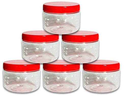 AFSUK 6 x 200ml Plastic Storage Jar With Screw Top Lids Red Airtight Food Storage Containers BPA Free For Kitchen, Herb, Spices, Sweets Clear Round Canister pots