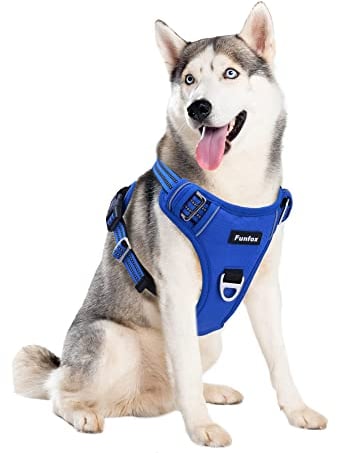 Funfox Hundegeschirr Mittelgroße Hunde [L] - Verstellbares Anti-Zug Brustgeschirr mit Griff & Reflektorstreifen, Atmungsaktives No Pull Hundegeschirr für Grosse/Kleine Hunde Outdoor Blau