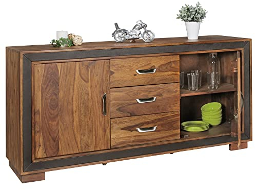 möbelando Design Sideboard Sheesham Massivholz mit Kunstleder 160x44x80 cm | Anrichte im rustikalen Landhausstil | Kommode mit Schubladen & Türen