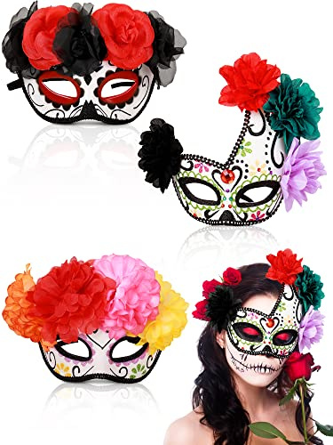 Sratte 3 Stück Tag der Toten Masken Zuckerschädel Halbmasken Halloween Día De Los Muertos Damen Herren Augenmasken Mexikanisches Kostüm