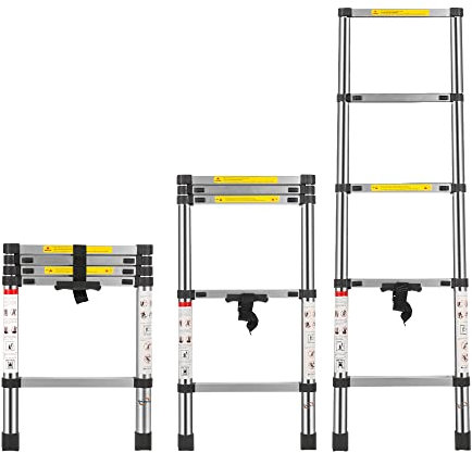 Multibao Ladders 4.6Ft 1.4M Extendable Aluminium Telescopic Folding Extension Extendable Portable 5 Steps 150kg Capacity Loft Collapsible DIY Multipurpose