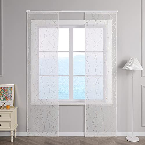 ESLIR Schiebegardinen Set 2er Flächenvorhänge Voile Gardinen mit Klettband Schiebevorhang Transparent Wohnzimmer Modern mit Wellen Muster Gold BxH 57x145cm 2 Stück