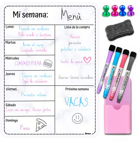 BIXEA - A3 Pizarra magnetica nevera -11 PCS- Planificador semanal - Calendario magnetico nevera - Pizarra magnetica - Pizarra nevera - Calendario nevera iman - Planificador menu - Organizador semanal