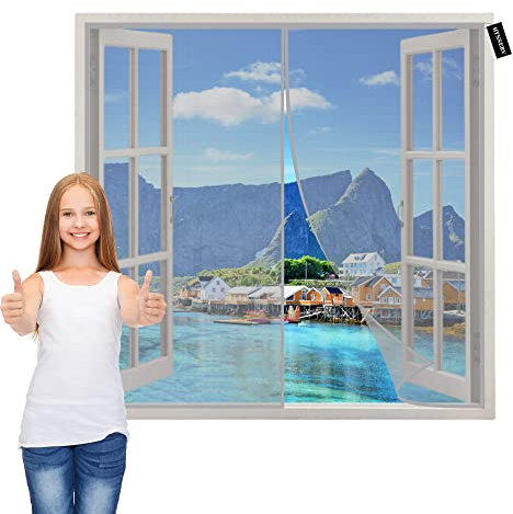 Fly Screen for Windows Grey 60x90cm Anti Mosquito Mesh Curtain with Powerful Magnets Seal Automatically Insect Protection Door No Gap Keep Fresh Air in & Let Bugs Out