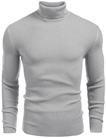 COOFANDY Mens Knitted Jumpers Warm Regular Fit Ribbed Turtleneck Sweater Pullover Top Grey L