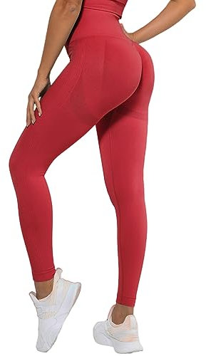Merlvida Scrunch Butt Sport Leggings Damen High Waist Seamless Push Up Leggings Blickdicht Boom Booty Leggings Sporthose mit Bauchkontrolle Slim Sportleggins Gym Leggins Hose A09 - Rot Size M