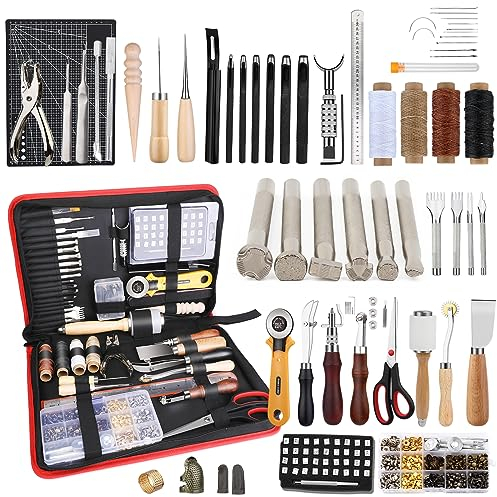 Benlay Leder Arbeits-Kit, Professionelle Leder Handwerk Werkzeuge, Leder Tooling Kit Mit Aufbewahrungstasche Stanzen Carving Nähzubehör Niete Und Snap Lederbearbeitung Werkzeug Set Für DIY Handwerk