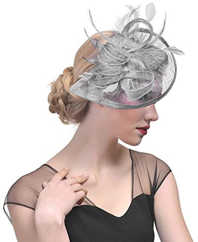 Fascinator Damen Hochzeit Kopfschmuck Hüte Hat Clips Haarclip Hut Stirnband Tea Party Mesh Kopfbedeckung Frauen Pillbox Hut Haarschmuck für Cocktail Halloween Oktoberfest Gothic Grey
