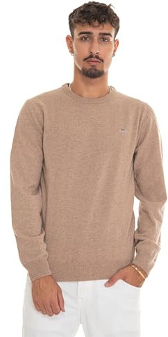 GANT Men's Superfine Lambswool C-Neck Pullover Sweater, Dk. Sand Melange, L