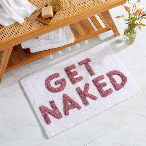 Market & Place Get Naked Badteppich, niedliche Badezimmermatte, lustige Badezimmer-Dekoration für Badewanne und Dusche, Baumwolle, getuftet, saugfähig, 50,8 x 76,2 cm, Weiß und Rosa