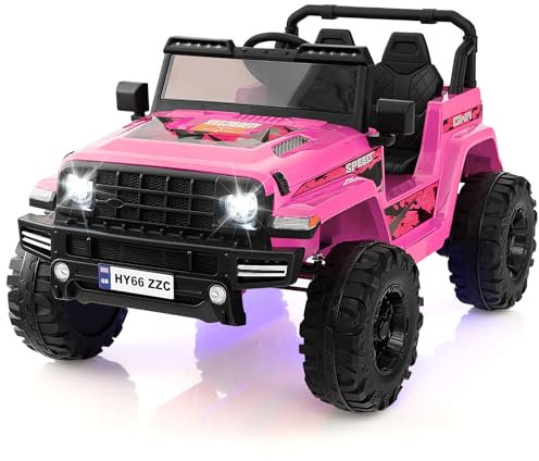 COSTWAY 24V Electric Ride on Car, 2-Seater Battery-powered Truck with Remote Control, LED Lights, Bluetooth, Music, Horn, USB, 4 Wheels Vehicle Toy for 3-8 Years Old (Pink)