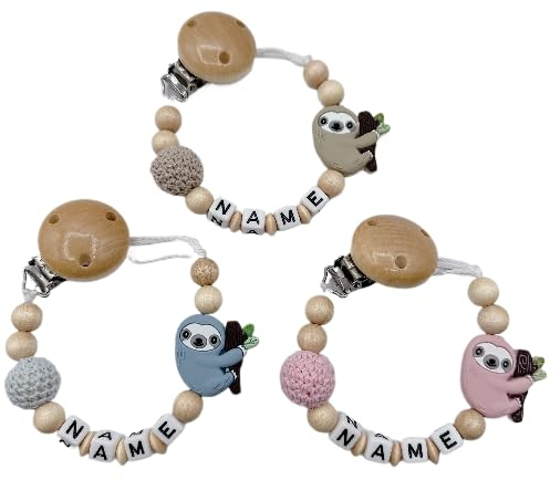 personalisierte Individuell gestaltetes Babygeschenk mit Namen Schnulliband für Mädchen oder Junge Baby Geschenk personalisiert zur Geburt & Taufe Große Farbauswahl niedlicher Faultier