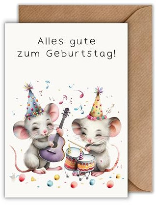 WBdesignz Geburtstagskarte mit Mäusen – lustige Karte mit Musik-Mäusen, Partyhüten und Konfetti – süße Tierkarte zum Geburtstag für Kinder & Erwachsene – inkl. Umschlag – DIN A6