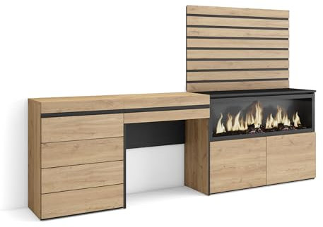 Skraut Home | Tocador | Dormitorio habitación | 234x145x35 cm | con cajón | Chimenea eléctrica XXL | Cómoda, Cajonera | Listones Decorativos | Estilo Moderno | Roble