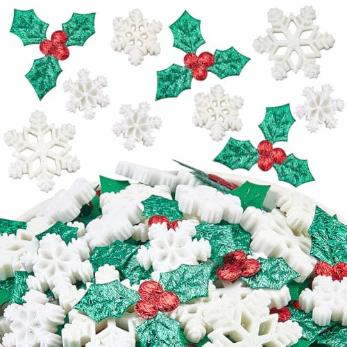 SUNNYCLUE 160Pcs Snowflake Resin Charm Holly Embellishment Bulk Christmas White Winter Xmas Leaf Berry Glitter Mini Decor Cloth Cabochon for Scrapbooking Ornaments Card DIY Crafts Art Jewellery