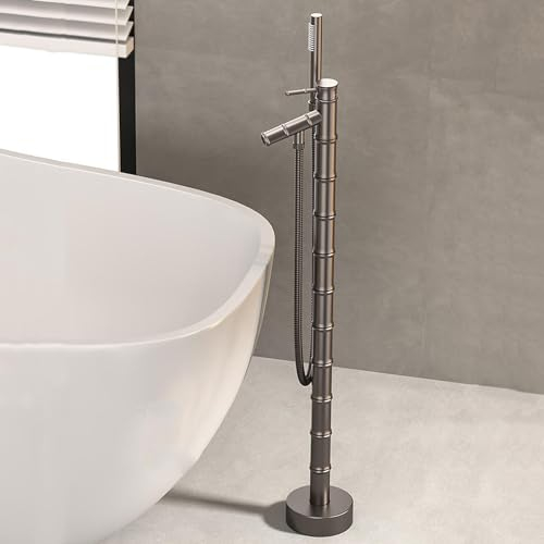 BiaoTeng Robinet de Baignoire avec Douchette Sur Pied Monocommande Laiton Chaud et Froid Mitigeur Baignoire Ilot Sur Pied Robinet Baignoire Sol Gris