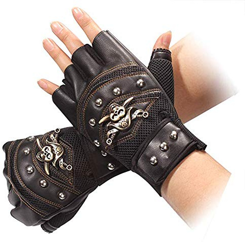 Yusat Halbfinger-Handschuhe, Punk-Skelett-Handschuhe, Nieten, Piraten-Skelett-Handschuhe, Herren-Handschuhe für Motorradfahren, Outdoor-Sport (Schwarz)