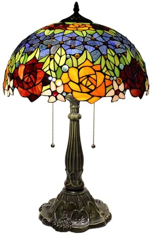 BOTOWI Tiffany Tischlampe Rose Stil Glasmalerei Lampe 16 Zoll breit 24 Zoll hoch Vintage Lampenschirm mit Legierung Basis, große Tischlampe für Schlafzimmer Wohnzimmer Haus Büro Dekoration,Blau