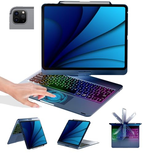BABG Custodia per tastiera per iPad Air 13, compatibile con iPad Pro 13 M4 2024 e iPad 12,9 6a/5a/4a/3a generazione, Mulit-Toupad, girevole a 360°, retroilluminata, wireless, ricarica a matita, blu
