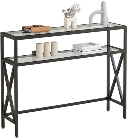 YMYNY Konsolentisch, Gehärtetes Glas Sofa Tisch, Industrieller Eingangstisch für Flur, Schmaler Sofastisch mit Regalen, Kompakter Anzeigetisch für kleine Räume, 101×25×80.5CM Schwarz HGD007B