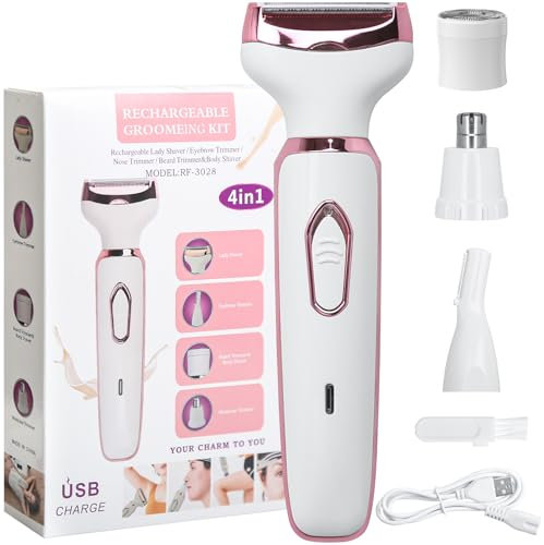Koeutoze 4-in-1 Elektrischer Rasierer für Frauen – Kabellos & Wiederaufladbar USB-Aufladung Inkl. Trimmer für Gesicht Nase Achseln Intimbereich Bikinizone, Sanfte Haarentfernung ohne Zupfen