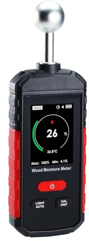 Igrometri per Legno Senza Spilli 0–100% RH Rilevamento con Allarme Acustico | Display Digitale | Ricaricabile | Rilevamento della Profondità 5~40 mm per Pareti, Pavimenti e Legna da Ardere