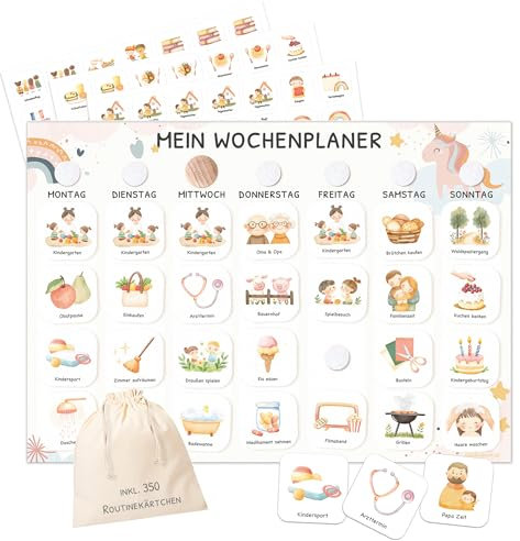 Wochenplaner Kinder mit Klettpunkten, Montessori Tagesplan mit 350 Routinekarten – visueller Routineplaner für Kinder, Familienplaner für mehr Struktur im Alltag (Einhorn)
