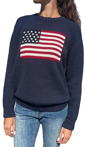 Adoeren Damen-Pullover mit amerikanischer Flagge, Vintage-Stil, langärmelig, Rundhalsausschnitt, Strickpullover, Übergröße, ästhetischer Strickpullover
