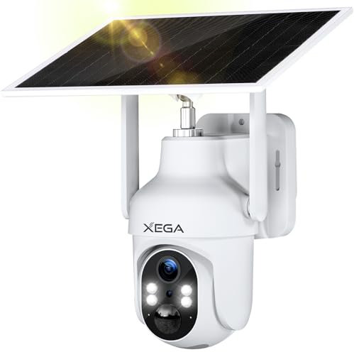 Xega 4G LTE Camara Solar con Tarjeta SIM, 2K HD PTZ Camara Exterior Panel Solar 6W Baterías 10400mAh, Foco y Sirena Visión Nocturna en Color PIR Detección Humana Almacenamiento TF/Cloud IP66