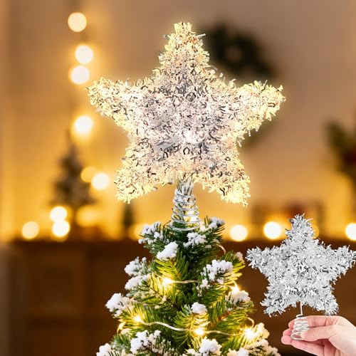 Christmas Tree Topper Star, Sparkly Tinsel Star for Christmas Tree Decoration 6 Inch, Silver Holiday Treetop Stars for Small Tabletop Tree Battery Operated Fairy Light Tinsel Topper for Xmas Tree