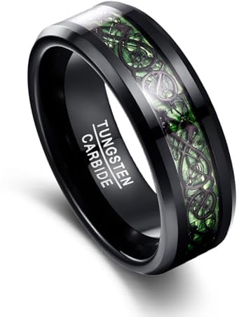 VAKKI Herrenring 8mm Schwarz Wolfram Ring Keltische Drachen-Eheringe mit Opalpapier/Kohlefaser für Männer Größe 49.3(15.7)-74.8(23.8)
