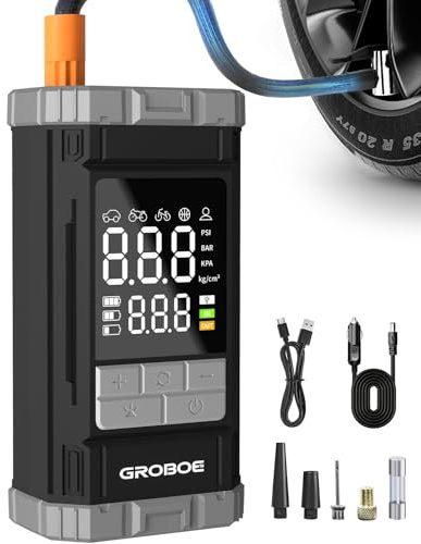 GROBOE Tyre Inflator Air Compressor Cordless Car Air Pump 12V DC Tyre Pump | 150PSI Rechargeable Electric Bike Pump with Digital Pressure Gauge Auto Shutoff for Bike Motorcycle Ball